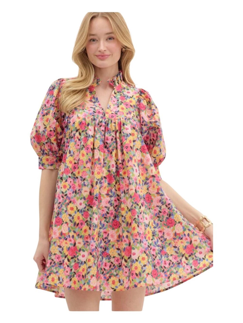 Entro Womens Pink Colorful Floral Print Ruffle Neck Garden Party Dress Medium